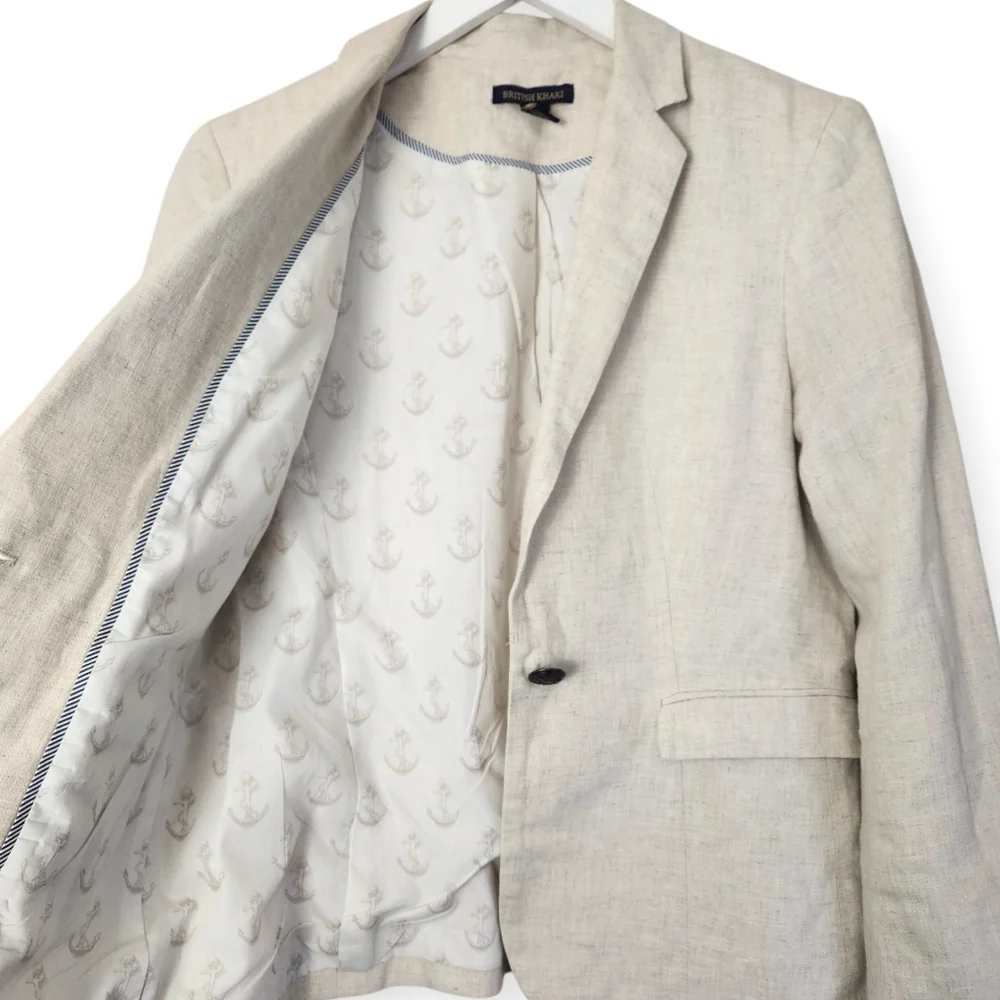 British Khaki Vintage Old Money Tailored Coastal Creme Linen Blazer Size M